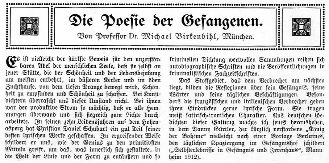 PROF. M. BIRKENBIHL: „Die Poesie der Gefangenen.“ [Text von 1917 ...
